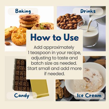 Collage of almond extract for baking, drinks, candy, and ice cream with text on how to use a product.