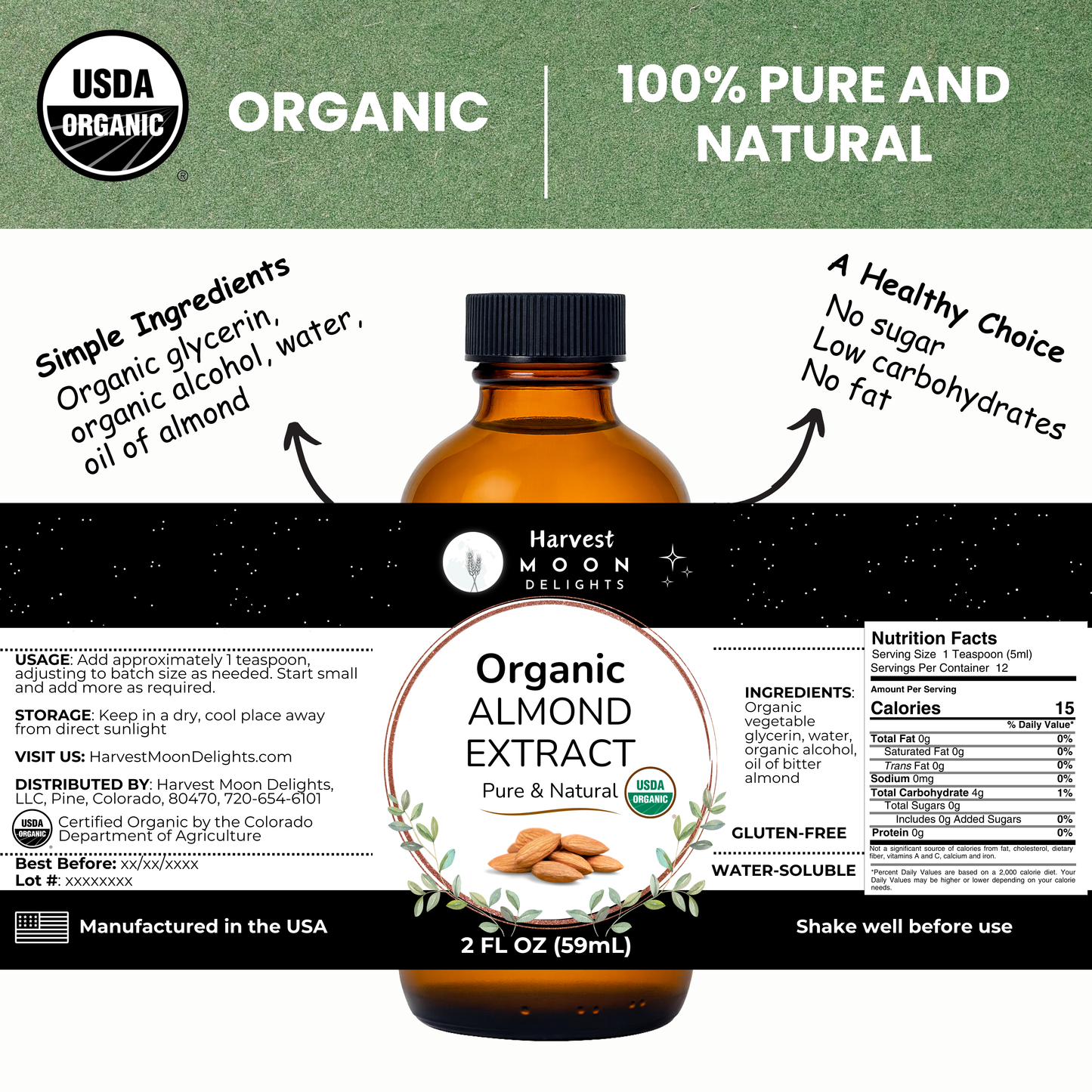 Bottle of organic almond extract with label details on a white background