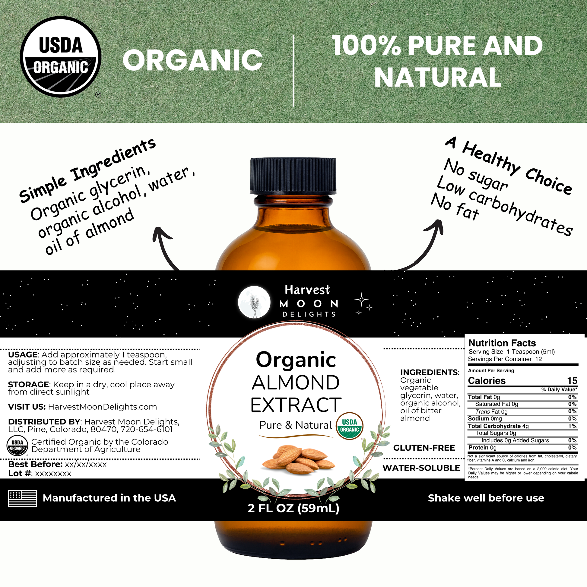 Bottle of organic almond extract with label details on a white background