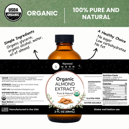 Bottle of organic almond extract with label details on a white background
