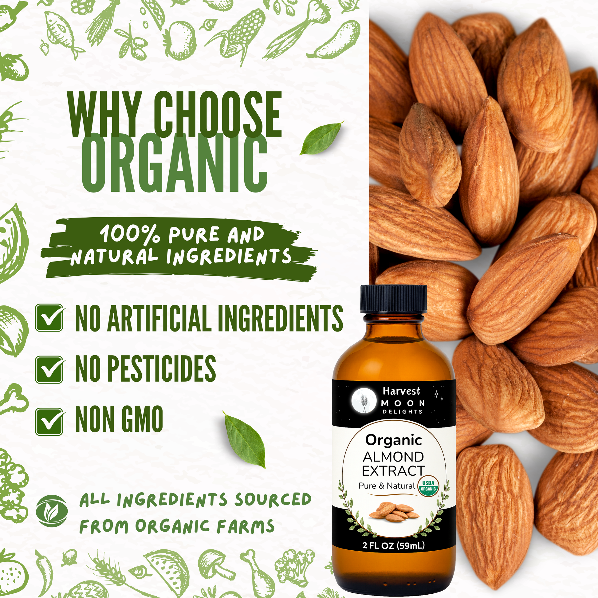 Bottle of organic almond extract surrounded by almonds with text highlighting organic benefits, such as Non GMO