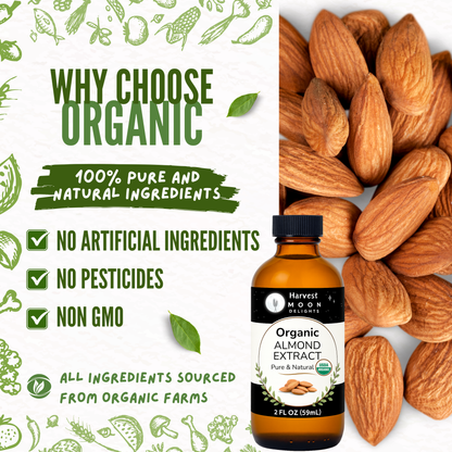 Bottle of organic almond extract surrounded by almonds with text highlighting organic benefits, such as Non GMO