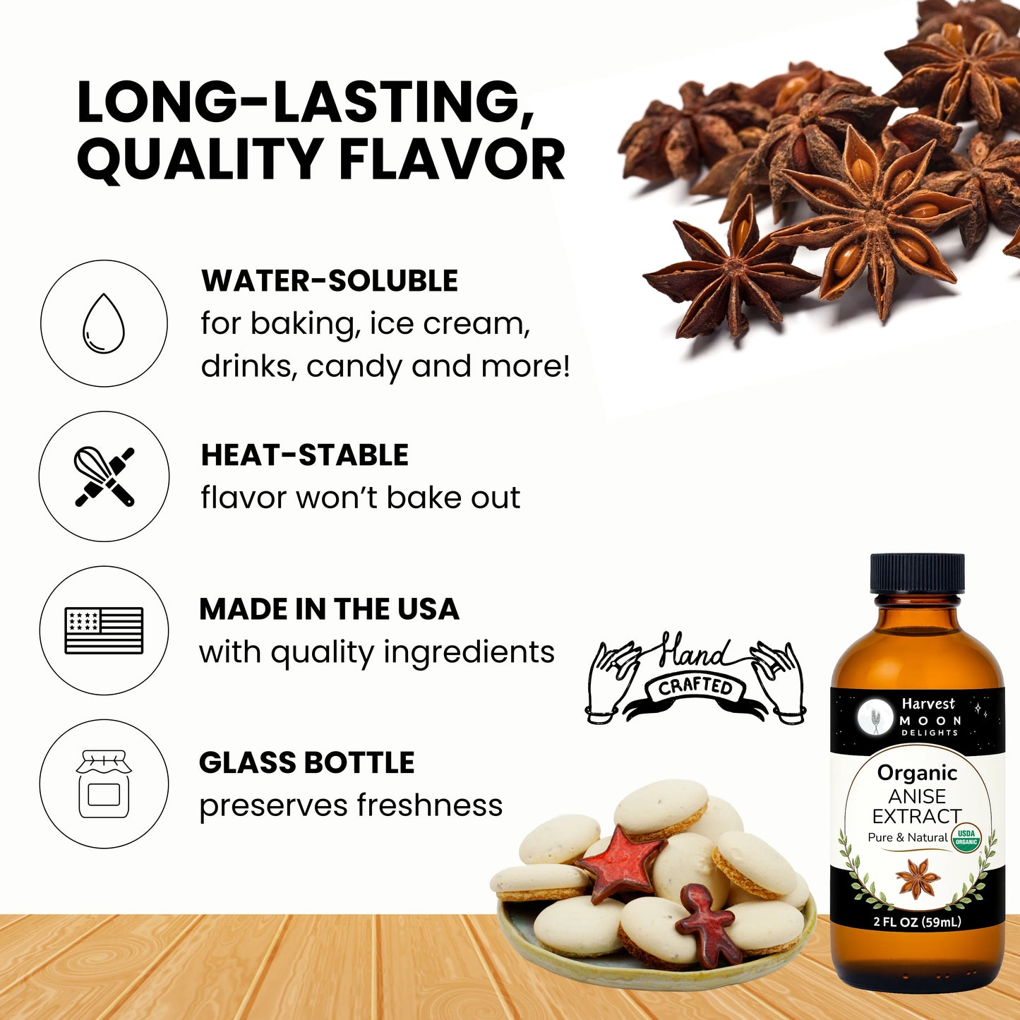 Anise extract bottle with star anise and cookies on a wooden surface, featuring product benefits.