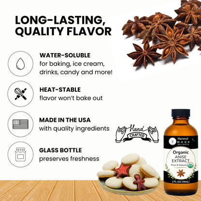 Anise extract bottle with star anise and cookies on a wooden surface, featuring product benefits.