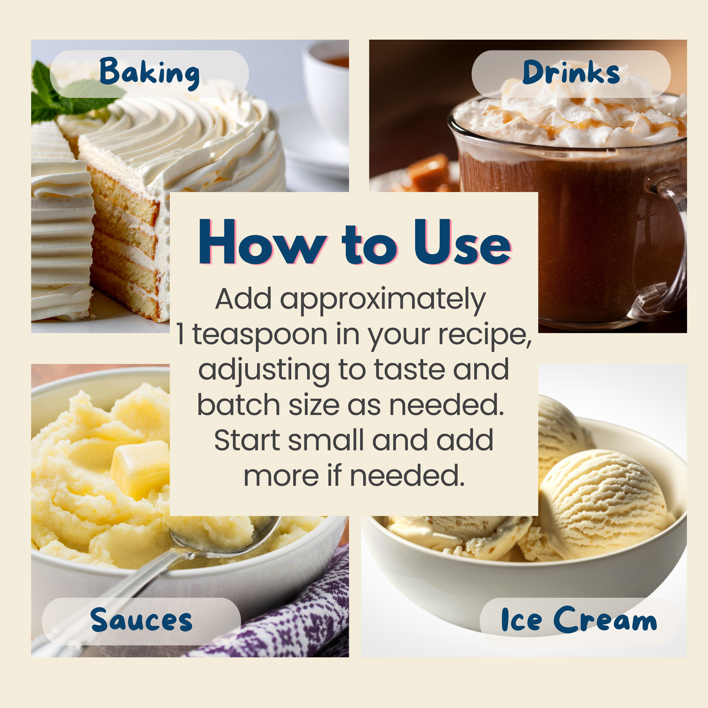 Collage of food items with text on how to use a butter flavoring, including cake, hot chocolate, mashed potatoes, and ice cream.