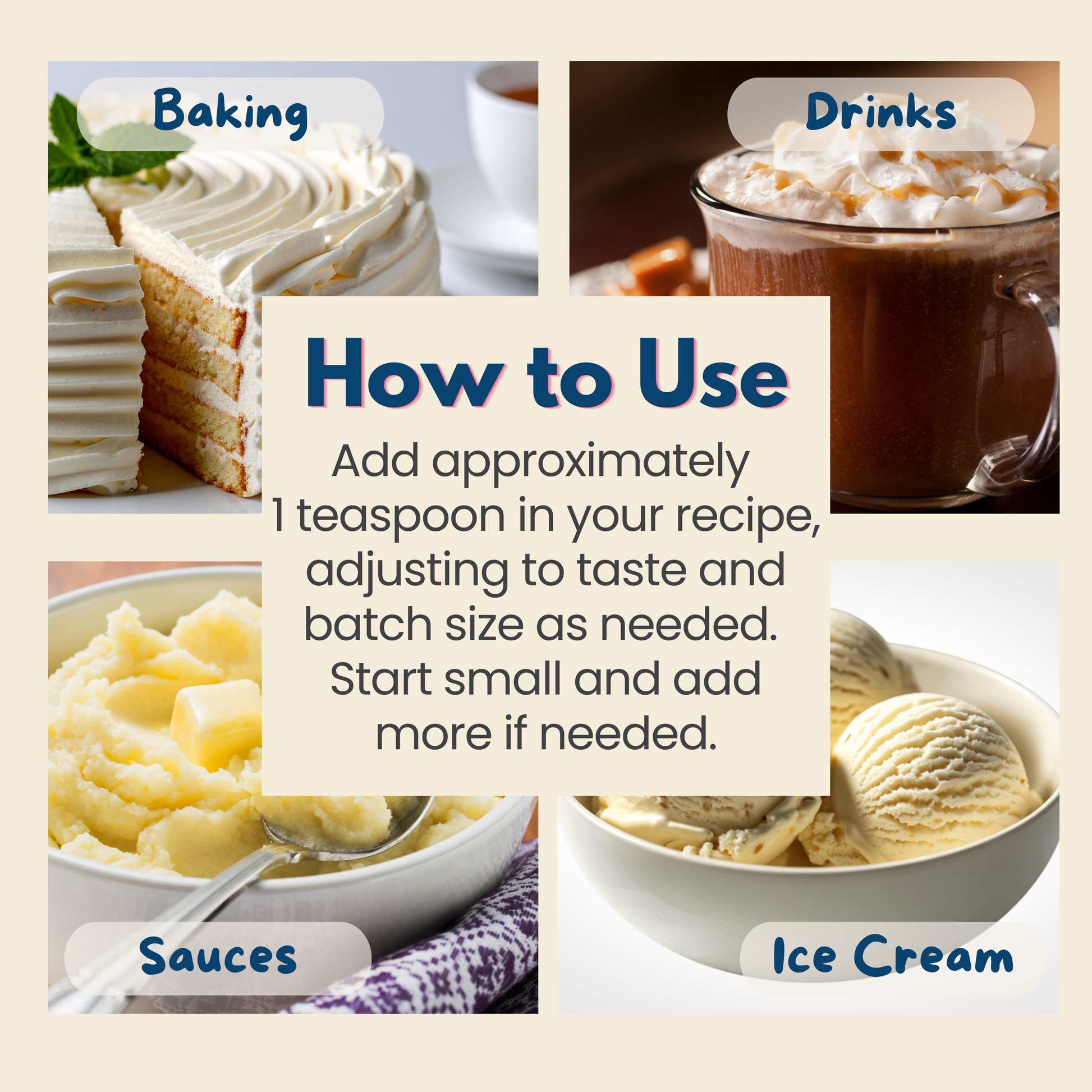 Collage of food items with text on how to use a butter flavoring, including cake, hot chocolate, mashed potatoes, and ice cream.