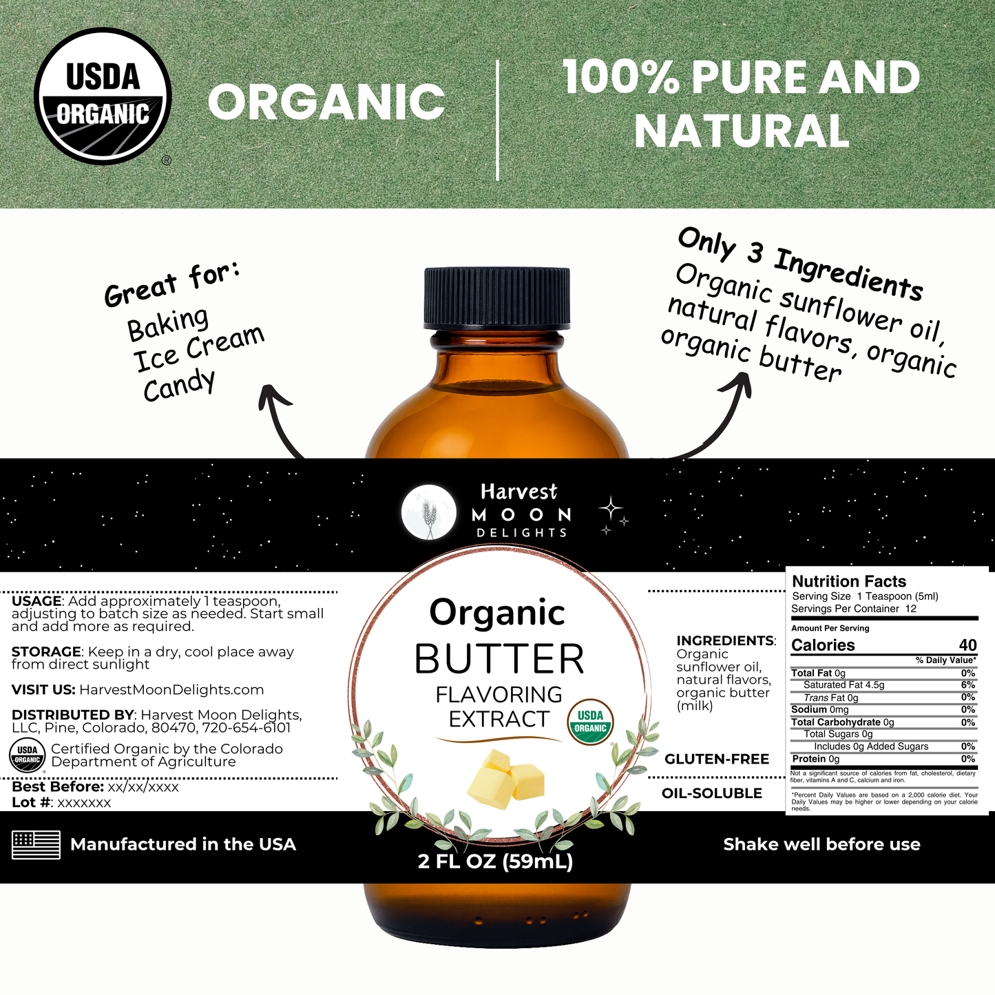 Bottle of Organic Butter Flavoring Extract with label details on a white background