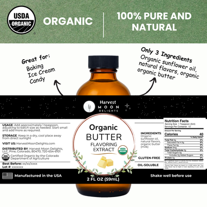 Bottle of Organic Butter Flavoring Extract with label details on a white background