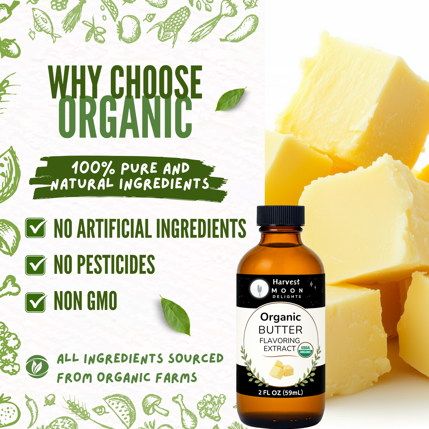Bottle of organic butter flavoring with text highlighting benefits on a white background