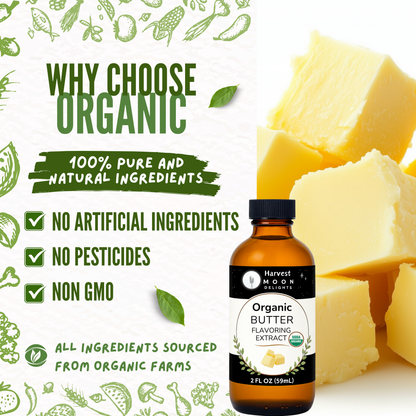 Bottle of organic butter flavoring with text highlighting benefits on a white background