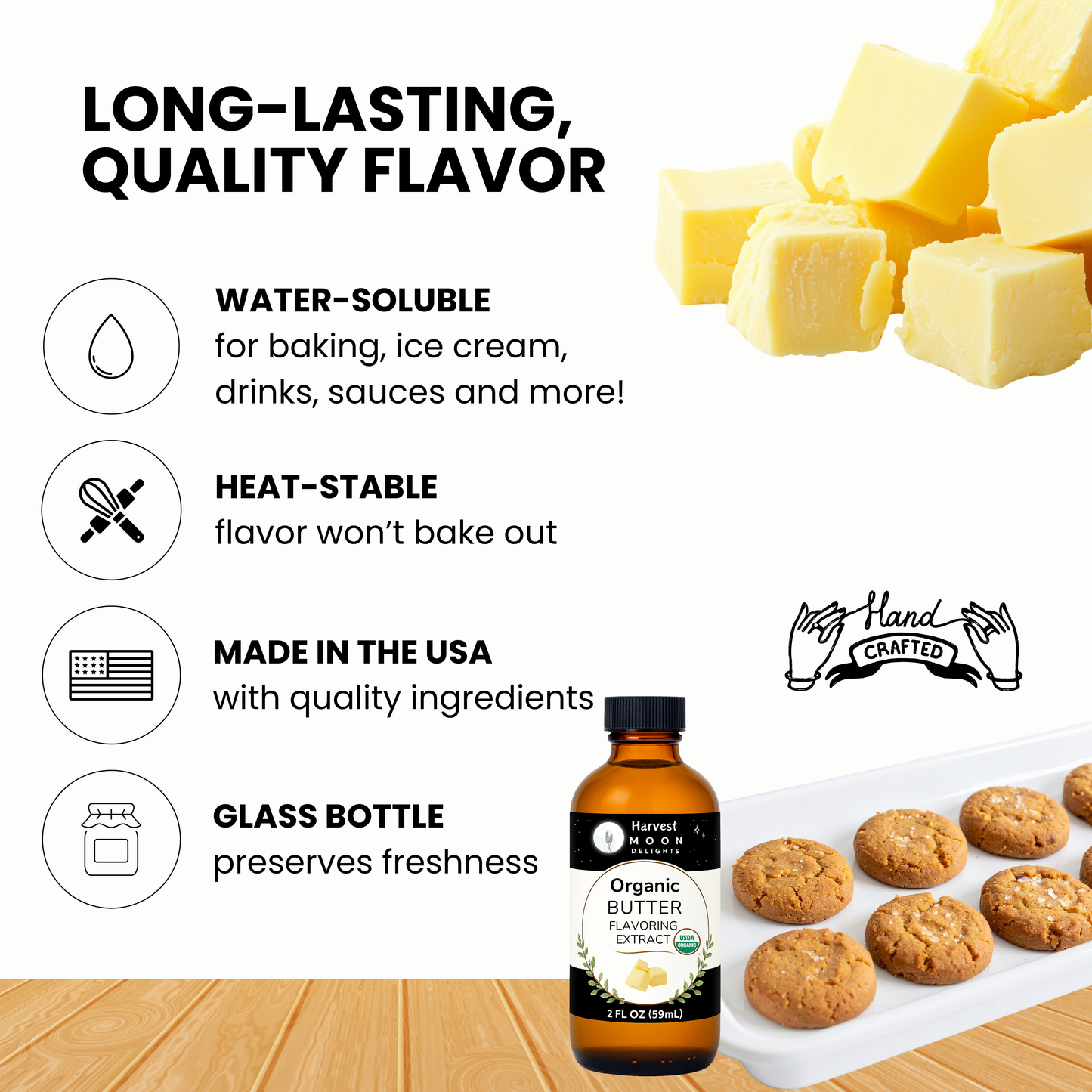 Butter flavoring bottle with product features and images of butter and cookies on a wooden surface.