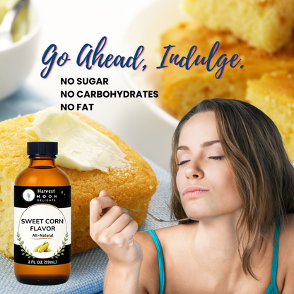 Woman with a bottle of natural sweet corn flavoring in front of cornbread.