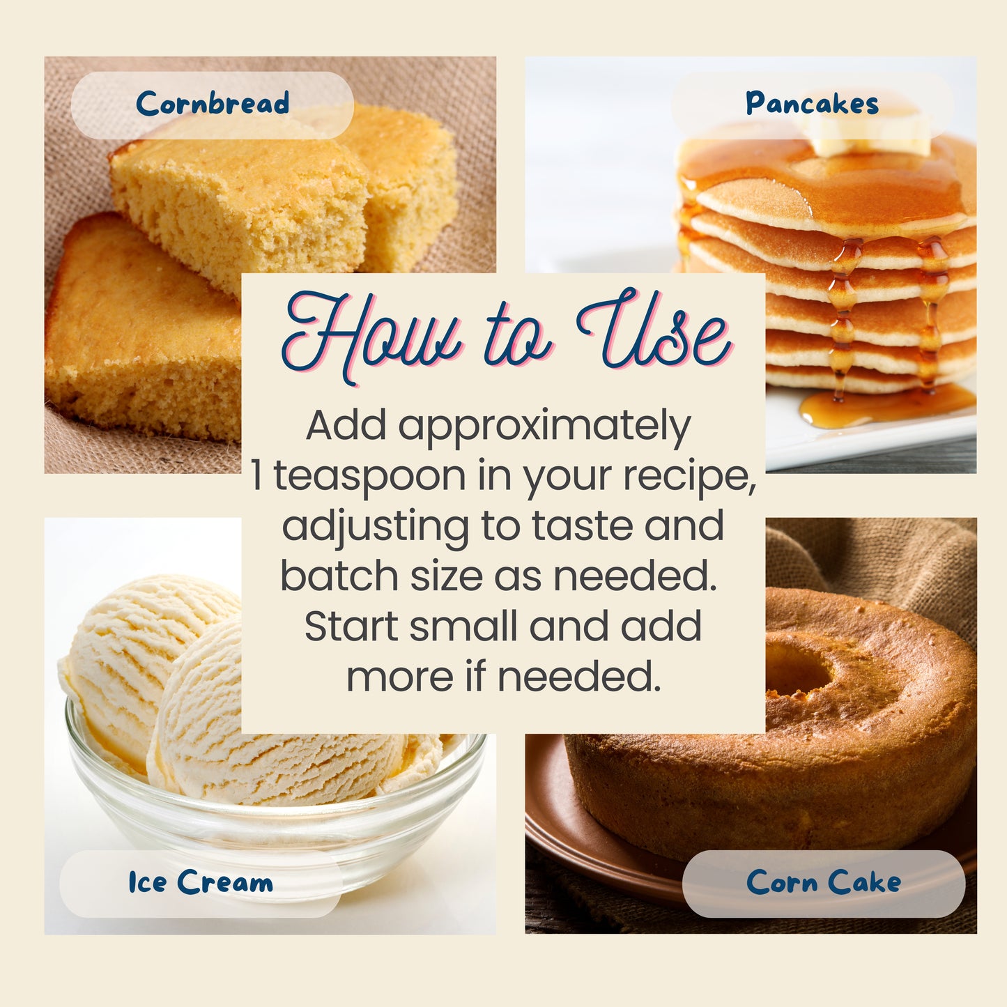 Collage of keto corn bread, pancakes, ice cream, and corn cake with text on how to use a corn flavoring. 
