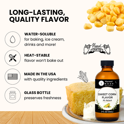 Bottle of sweet corn flavor with product features listed on a wooden surface. With keto cornbread