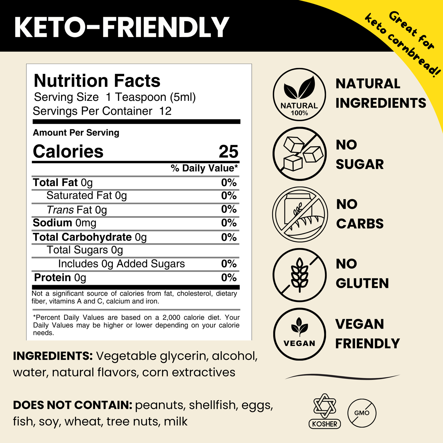 Nutrition label for a keto-friendly sweet corn extract with icons indicating natural ingredients, no sugar, no carbs, no gluten, vegan friendly, kosher, and gmo-free.
