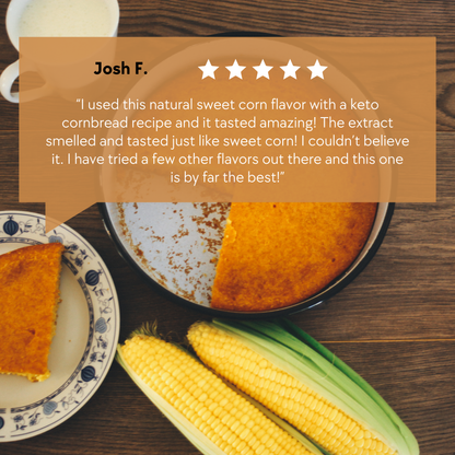 Cornbread with corn on a wooden table, featuring a five-star rating and customer review. Corn extract for baking keto cornbread