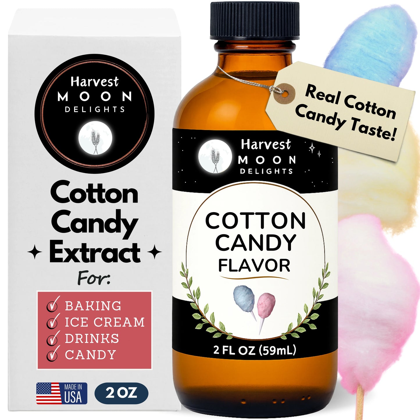 Harvest Moon Delights Cotton Candy Extract bottle and packaging with cotton candy in the background.