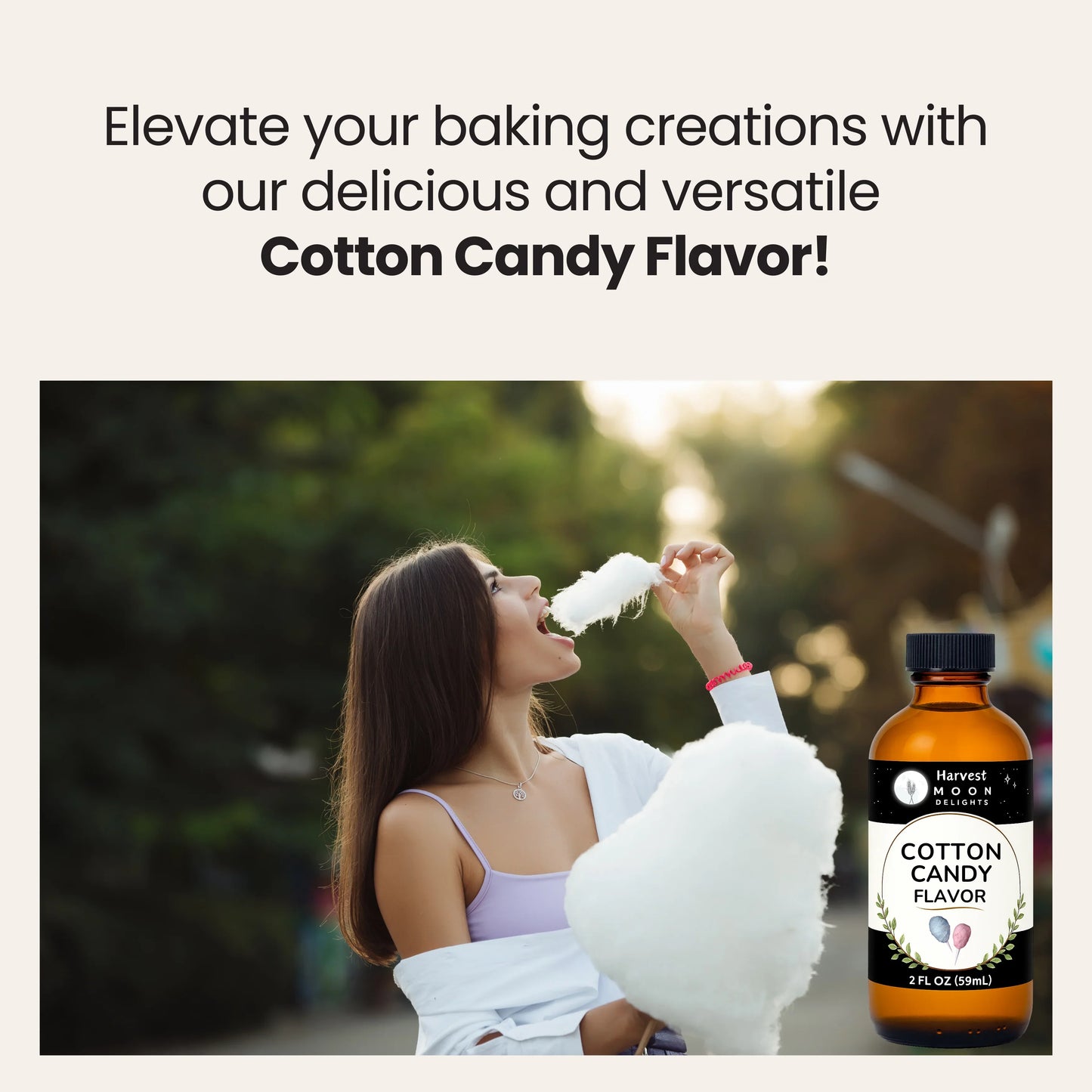 Woman eating cotton candy with a bottle labeled 'Cotton Candy Flavor' on a blurred background