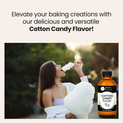 Woman eating cotton candy with a bottle labeled 'Cotton Candy Flavor' on a blurred background