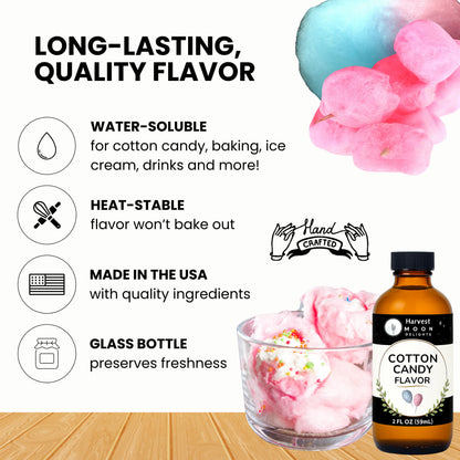 Cotton candy flavor product with glass of cotton candy and ice cream, and text highlighting features.
