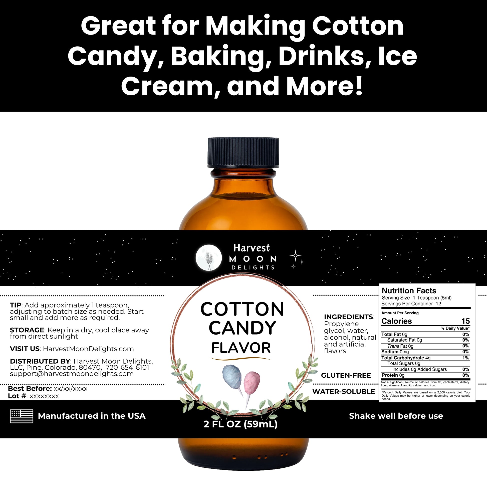 Bottle of Cotton Candy Flavor with label and text on a white background