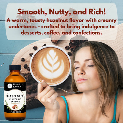 Woman holding a cappuccino with a bottle of Hazelnut Flavoring Extract and text describing the flavor.