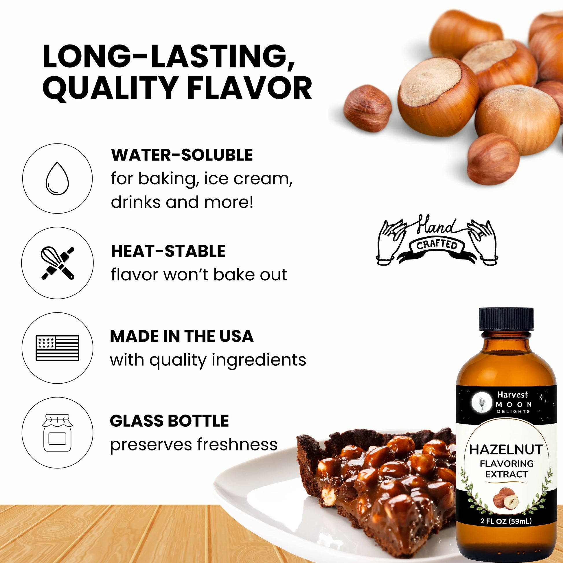 water-soluble hazelnut extract bottle with product features and a hazelnut on a wooden surface. 
