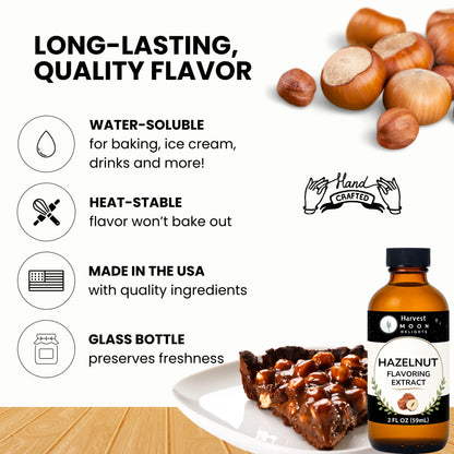 water-soluble hazelnut extract bottle with product features and a hazelnut on a wooden surface. 