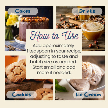 Hazelnut extract for baking, drinks, ice cream and candy. Collage of cakes, drinks, cookies, and ice cream with text on how to use a product. 