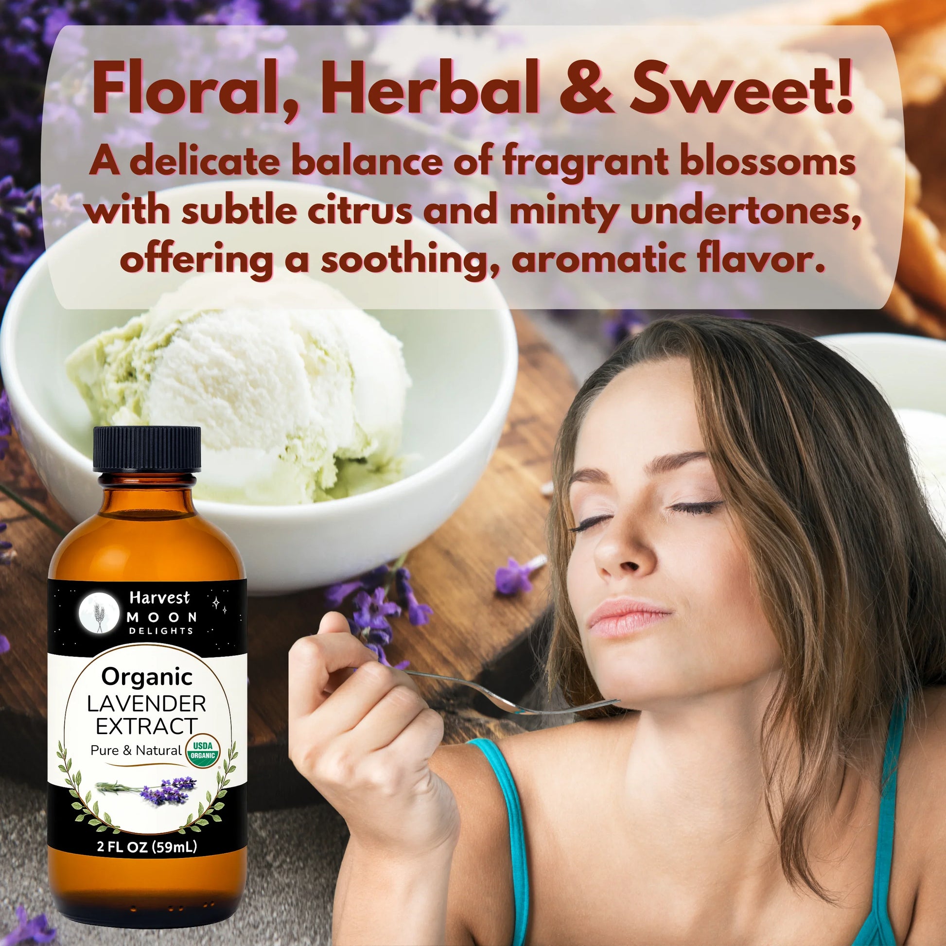 woman tasting lavender extract
