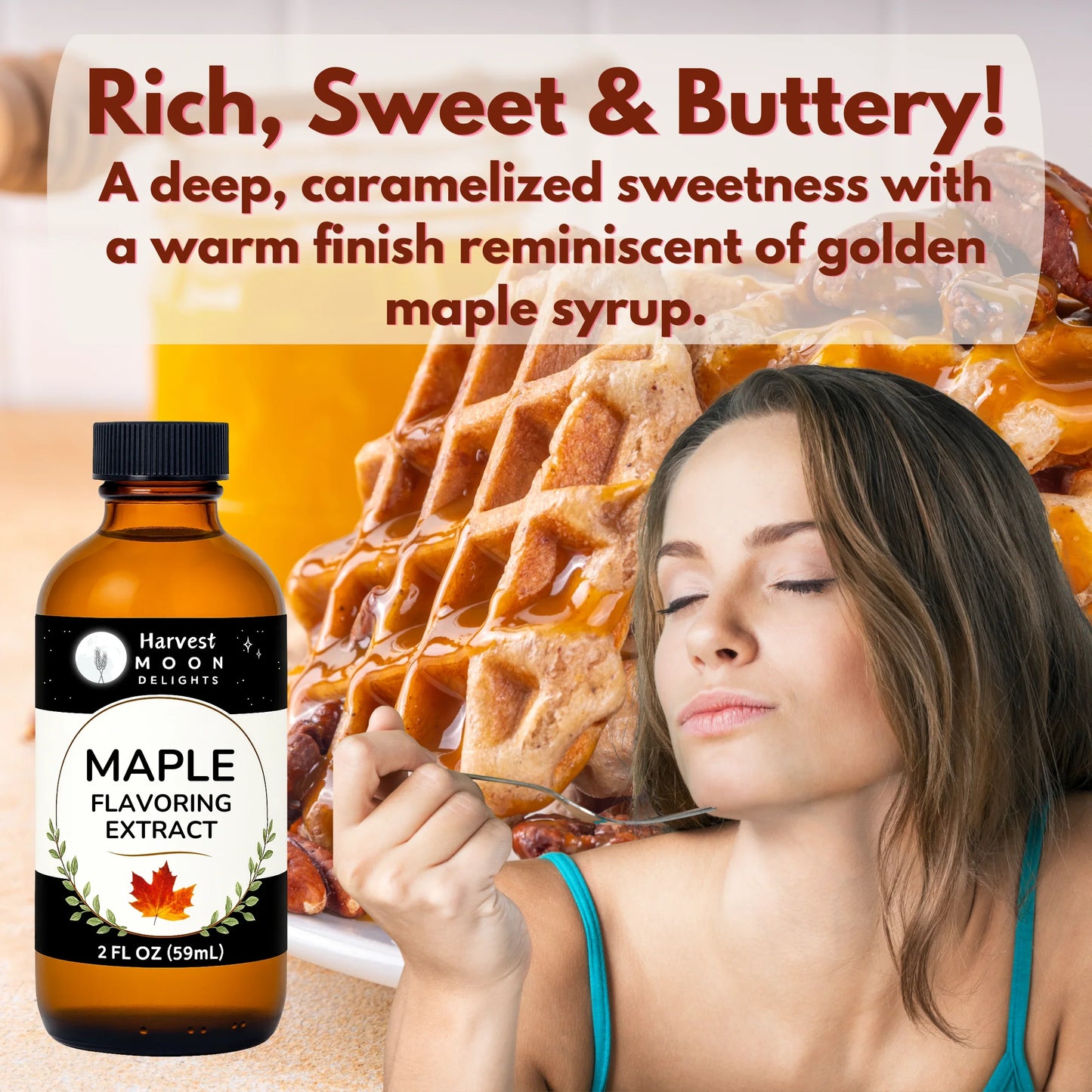 Harvest Moon Delights maple flavoring extract bottle with a woman eating waffles and text describing the flavor.