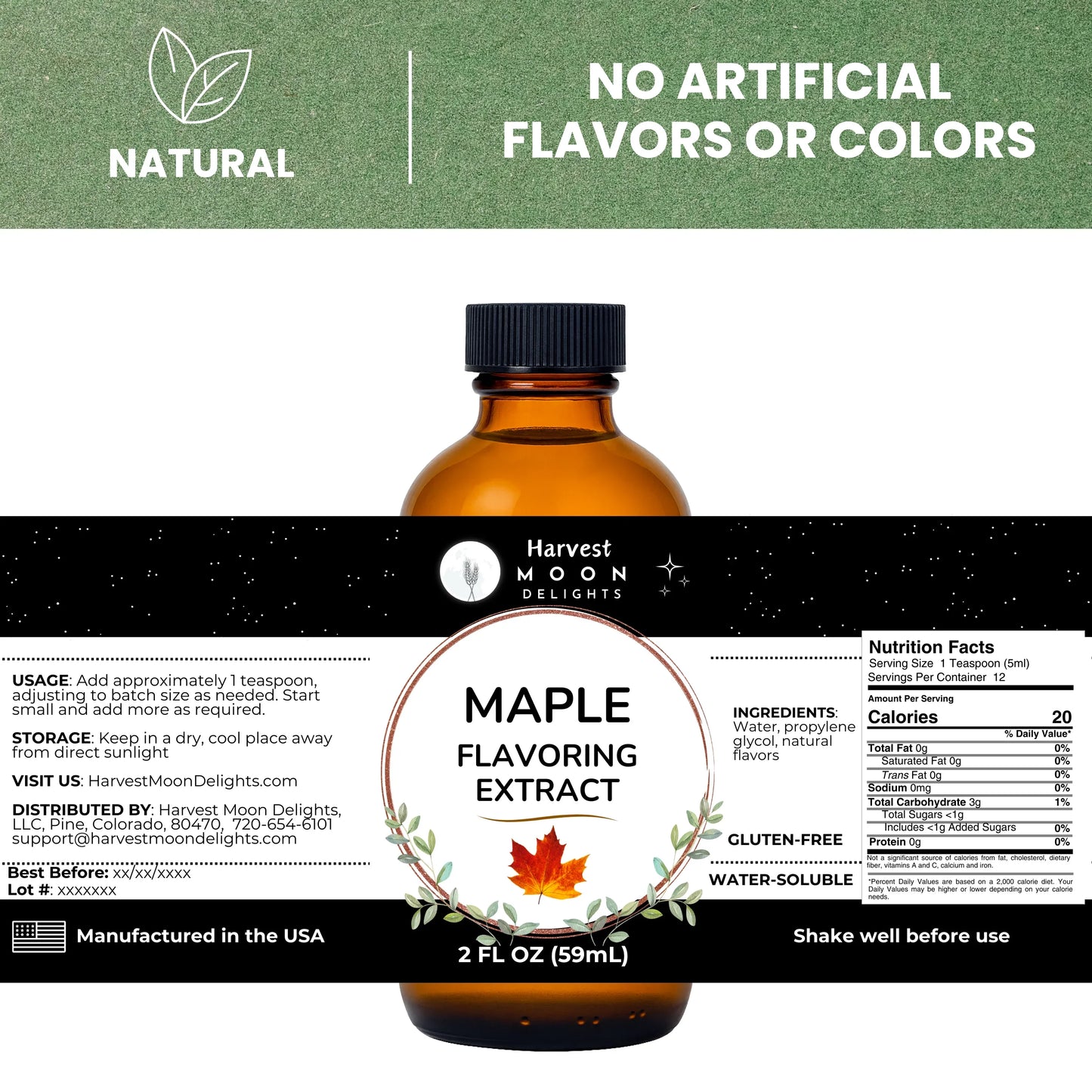 Bottle of Maple Extract with Harvest Moon Delights label on a white background