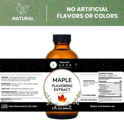 Bottle of Maple Extract with Harvest Moon Delights label on a white background