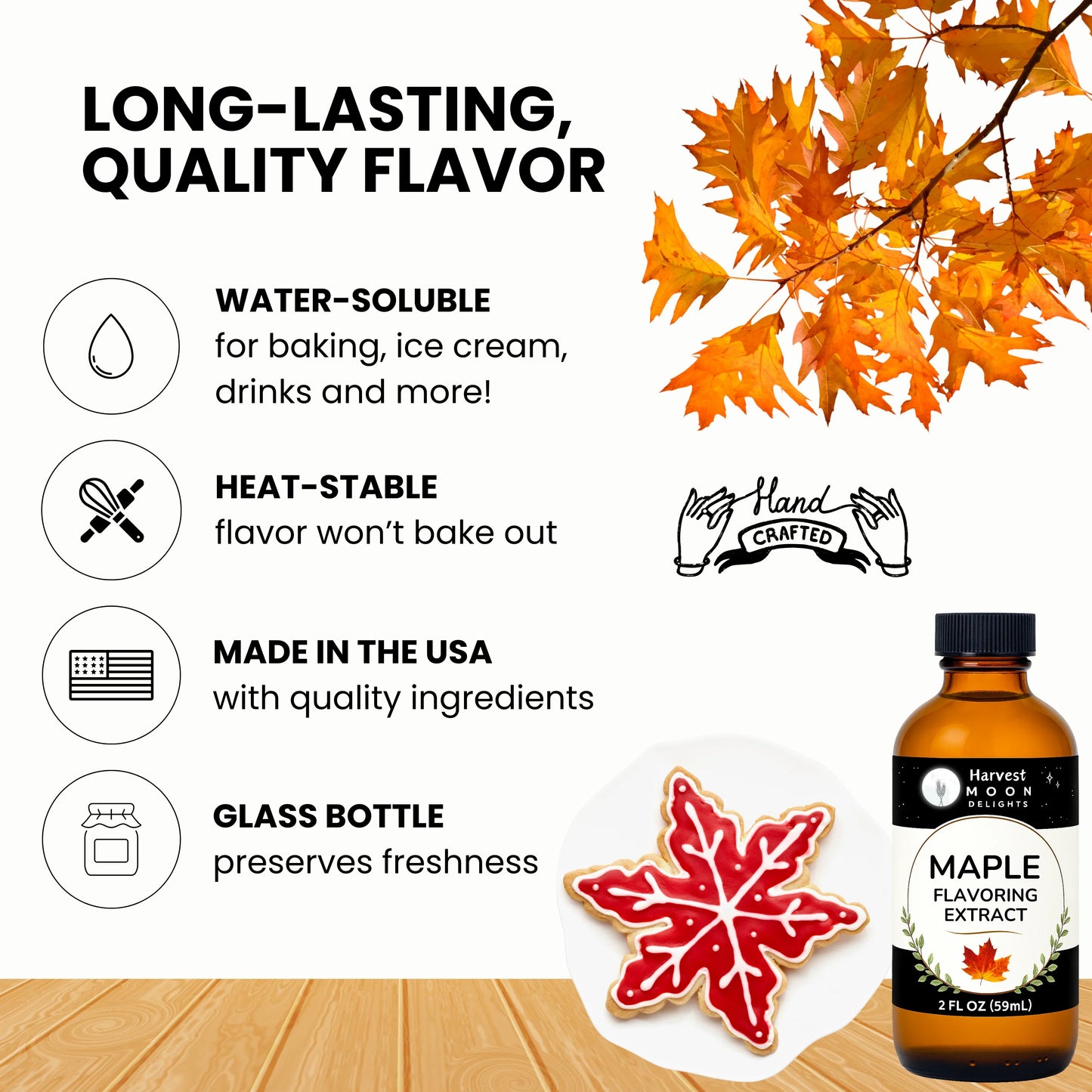 Harvest Flavorings water soluble maple flavoring extract with autumn leaves and text highlighting features.