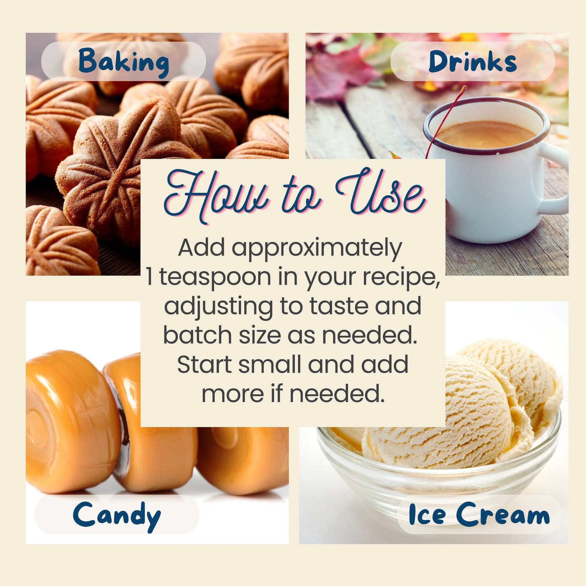 Collage of maple extract for baking, drinks, candy, and ice cream with text on how to use a product.