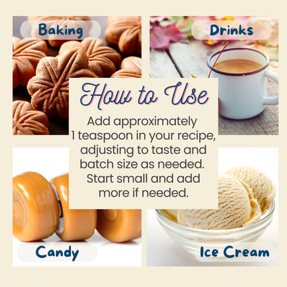 Collage of maple extract for baking, drinks, candy, and ice cream with text on how to use a product.