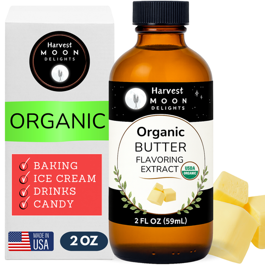 Harvest Moon Delights organic butter flavoring extract bottle and packaging on a white background