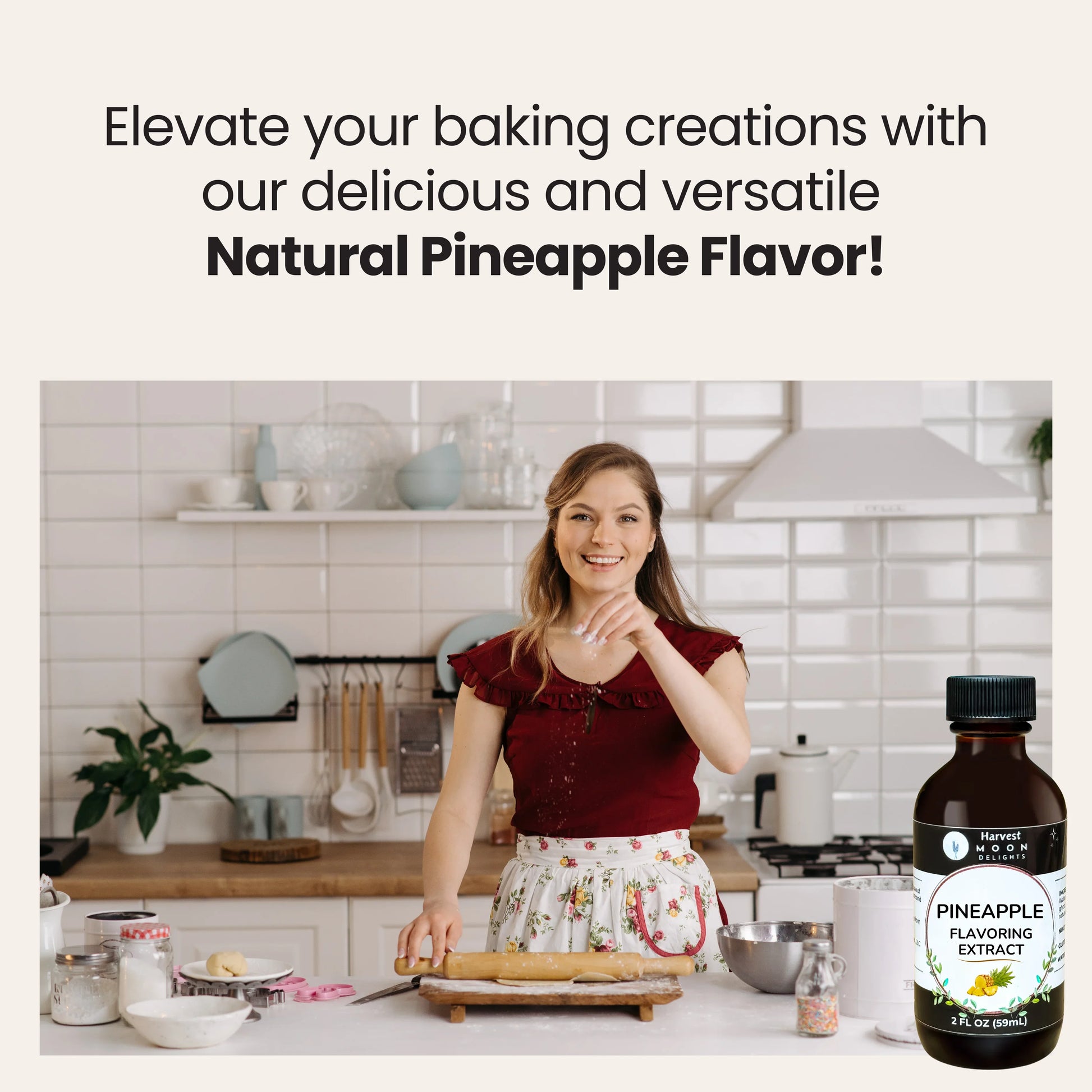 Woman in a kitchen with a bottle of pineapple flavoring extract and text about natural pineapple flavor. Pineapple extract for baking 
