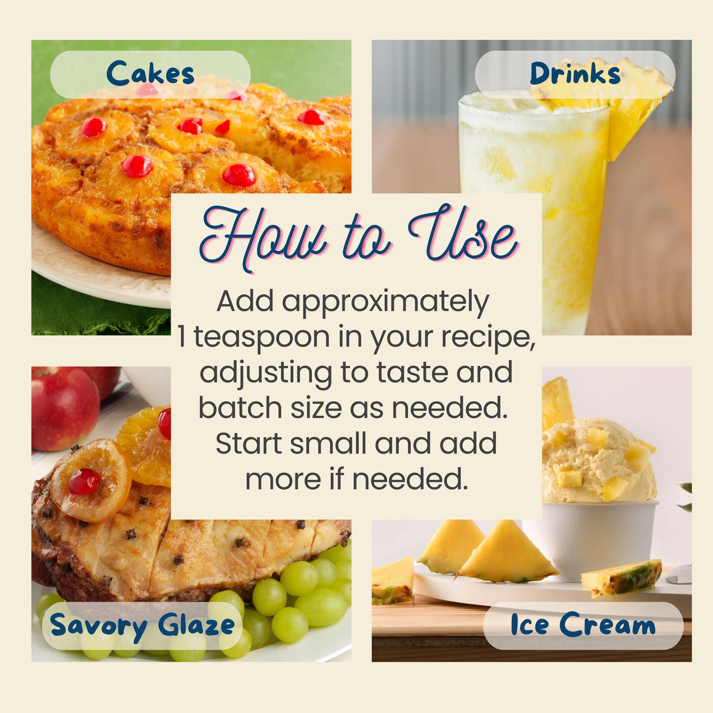 Collage of food items with text on how to use a pineapple extract, including cakes, drinks, savory glaze, and ice cream.