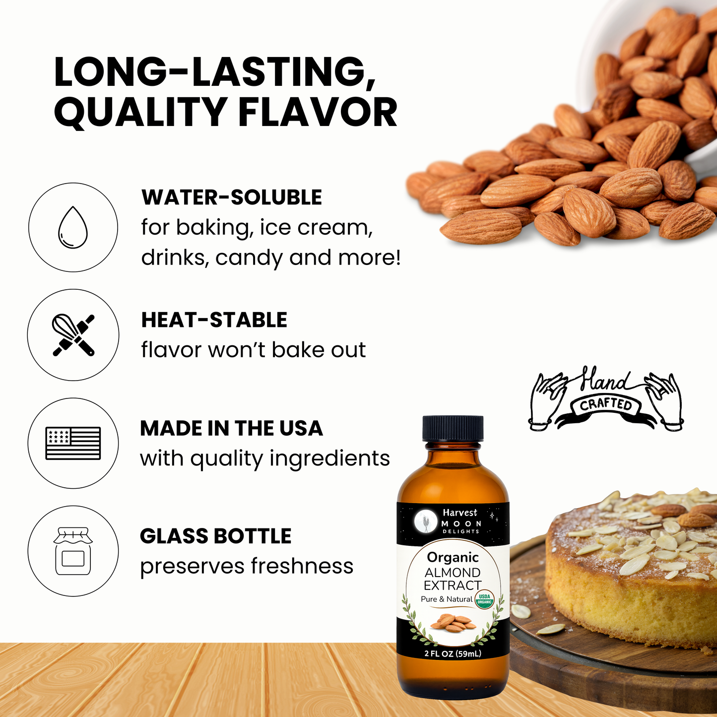Pure Almond Extract bottle with almond ingredients and cake on a wooden surface. Water-soluble almond extract benefits.