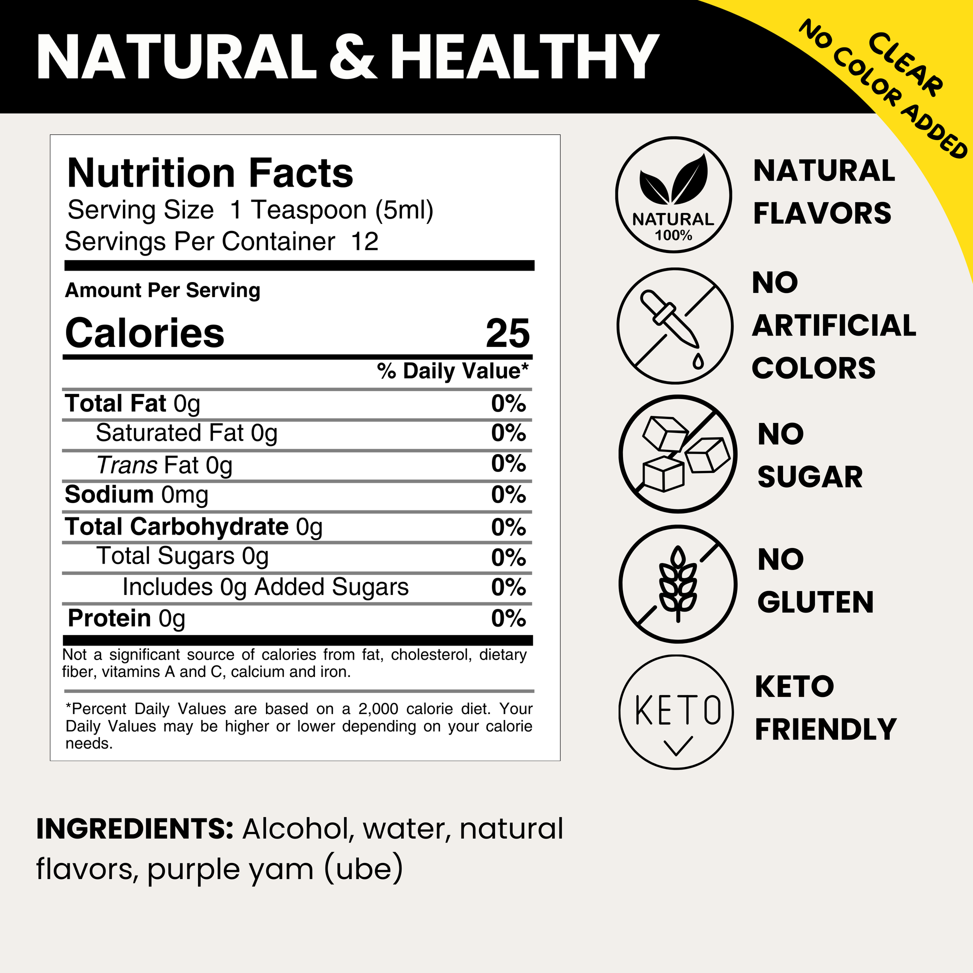 Nutrition facts label and ingredient list for ube flavoring, highlighting natural and healthy attributes.