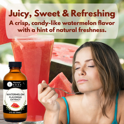 Woman enjoying watermelon with a bottle of watermelon flavor and a glass of watermelon juice.
