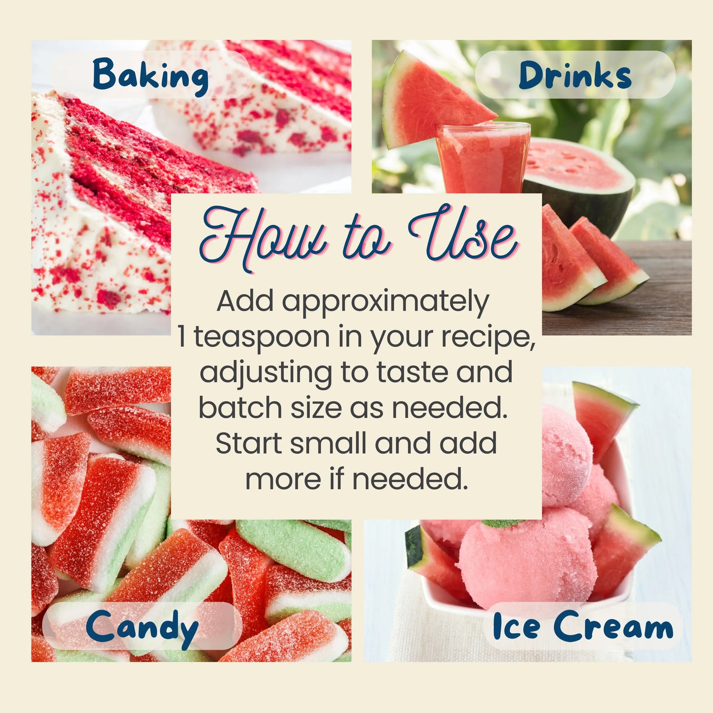 Collage of watermelon-themed products with text on how to use watermelon extract. Baking, drinks, ice cream, candy