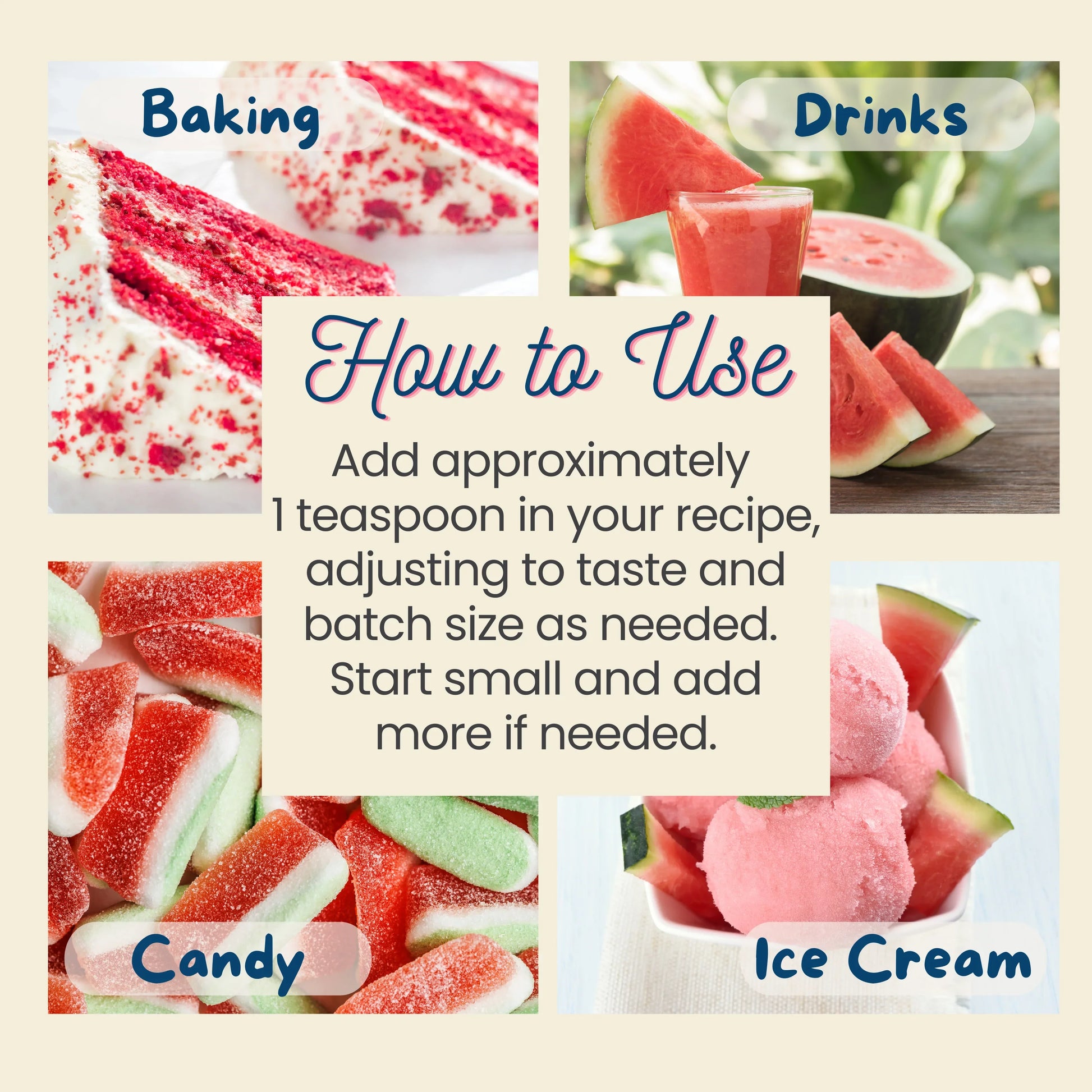 Collage of watermelon-themed products with text on how to use watermelon extract. Baking, drinks, ice cream, candy