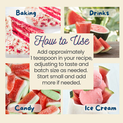 Collage of watermelon-themed products with text on how to use watermelon extract. Baking, drinks, ice cream, candy