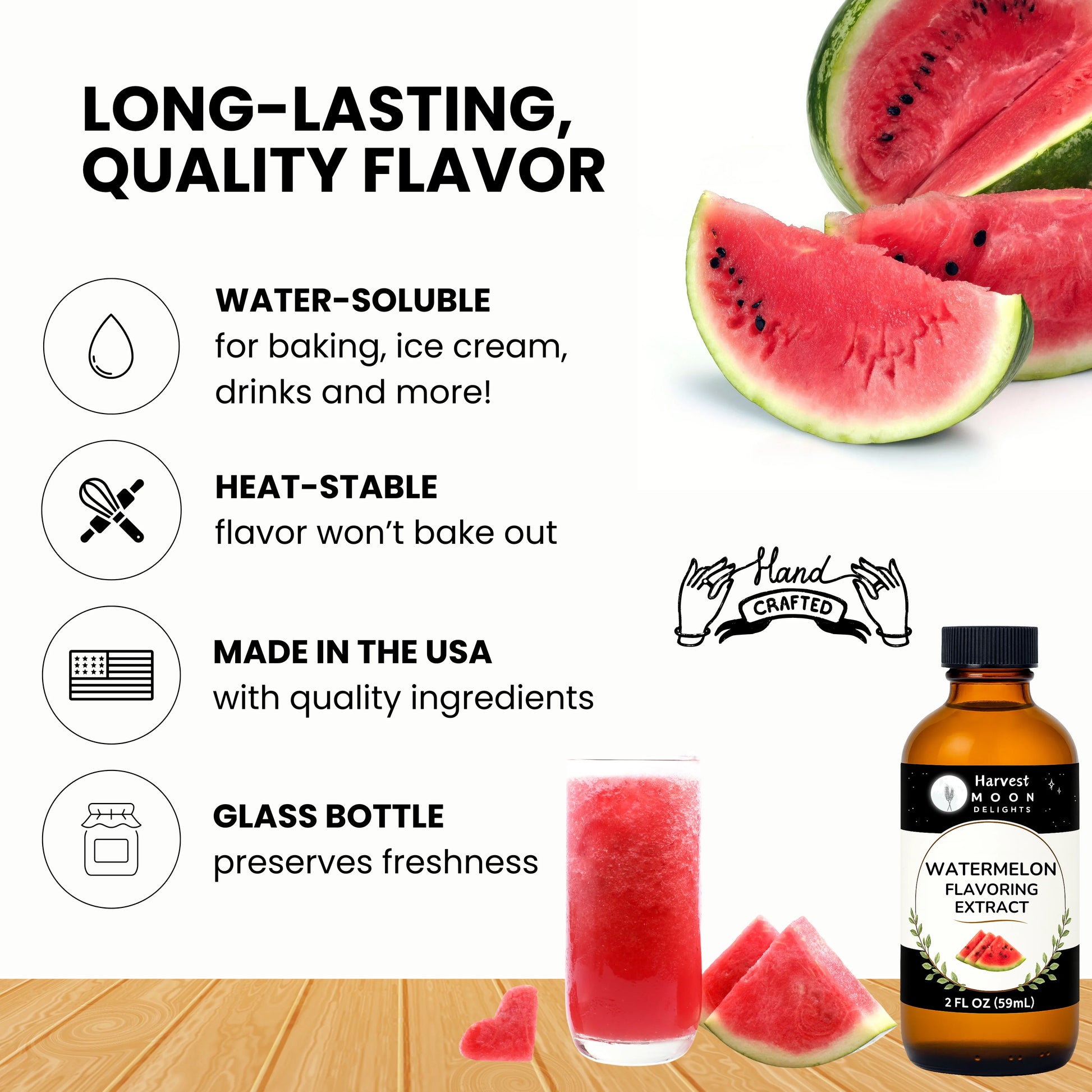 Harvest Moon Watermelon Extract with watermelon slices and a glass of watermelon juice on a white background.