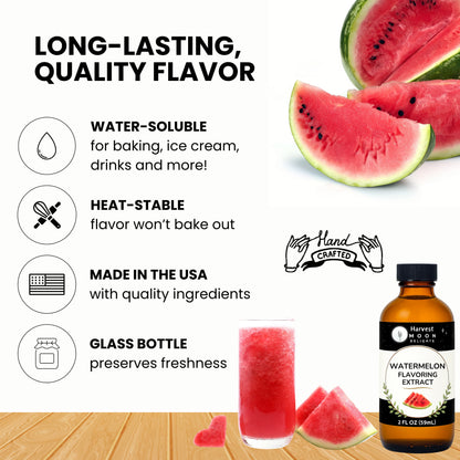 Harvest Moon Watermelon Extract with watermelon slices and a glass of watermelon juice on a white background.
