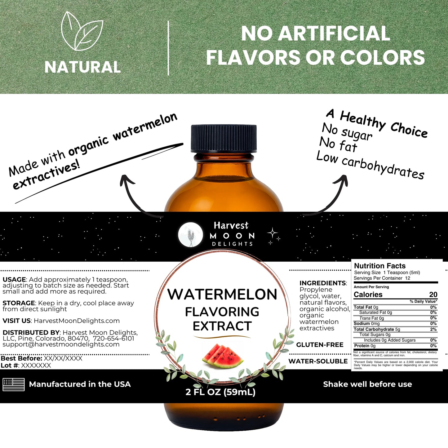 Bottle of watermelon flavoring extract with label details on a white background