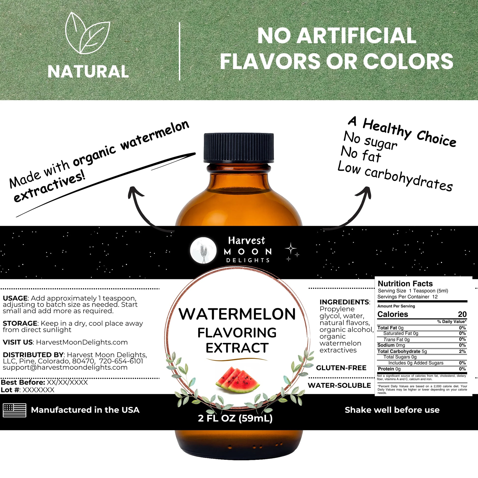 Bottle of watermelon flavoring extract with label details on a white background