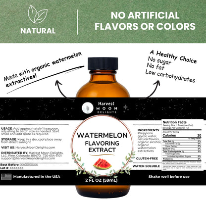 Bottle of watermelon flavoring extract with label details on a white background